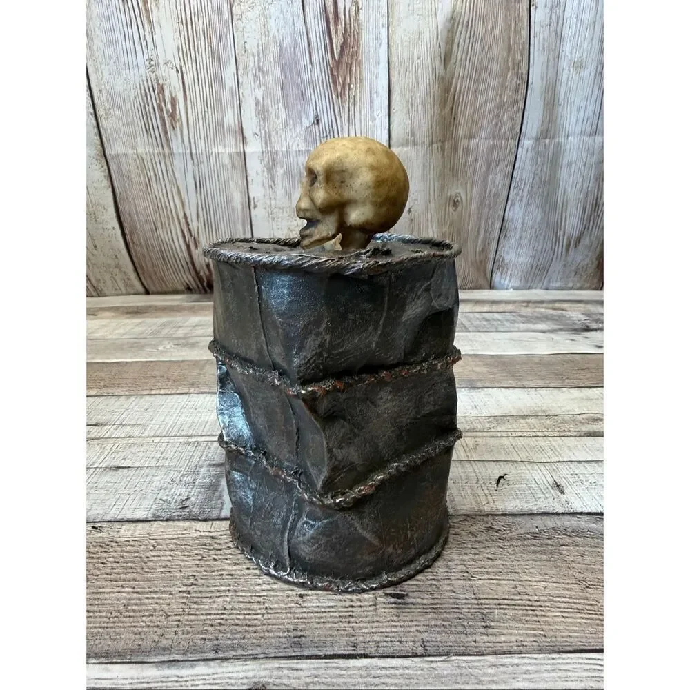 Halloween Creepy Skeleton Barrel Coin Bank Spooky Horror Decor Gothic Distressed
